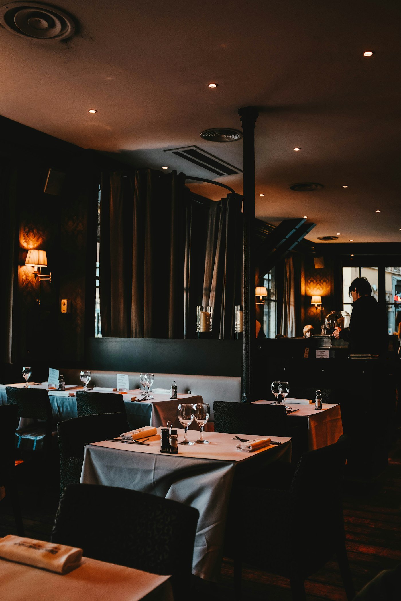 Empty restaurant tables and upholstered chairs ready for service
